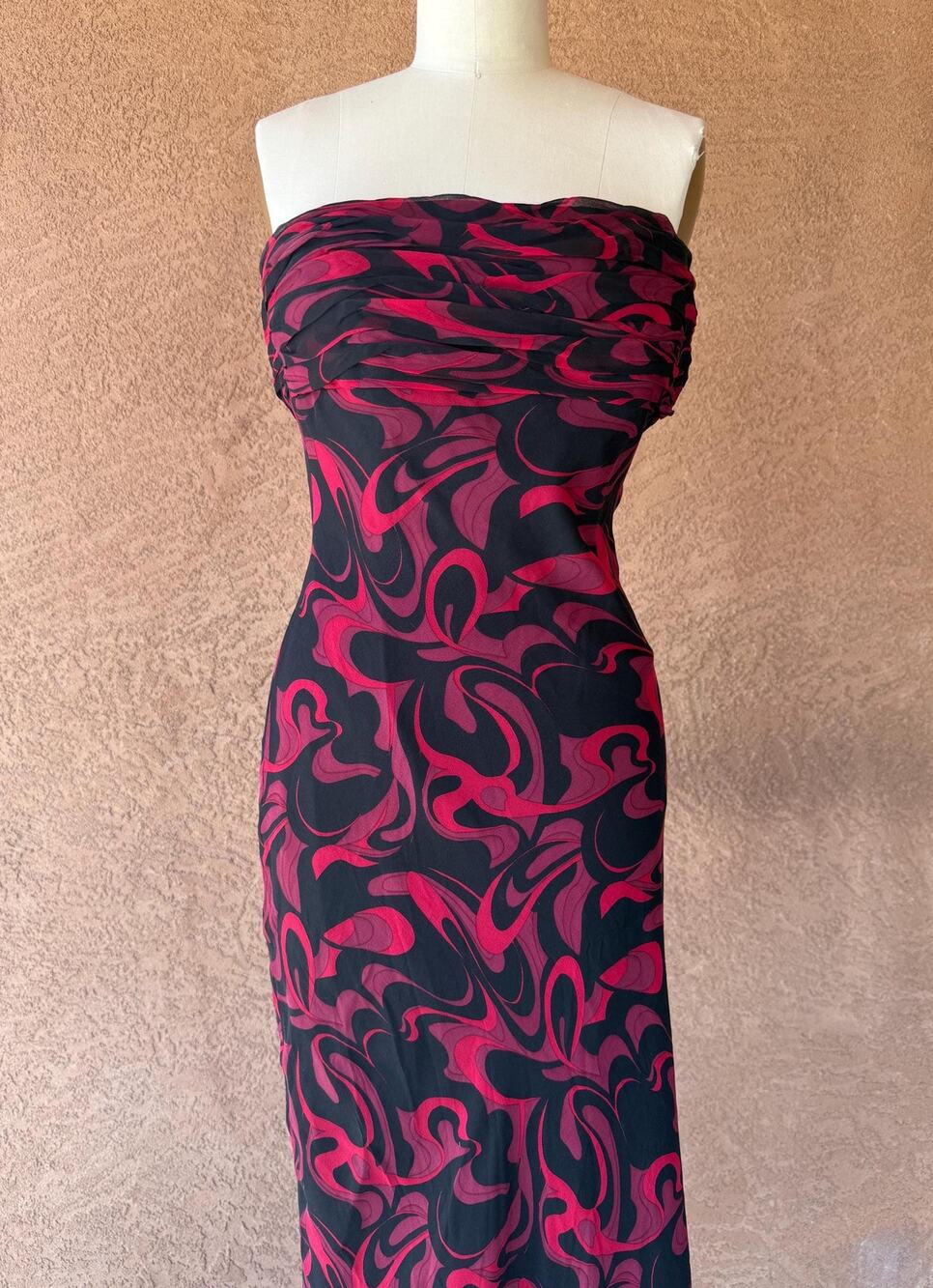 David Meister Silk Strapless Gown: Abstract Print Bias Cut Evening Dress